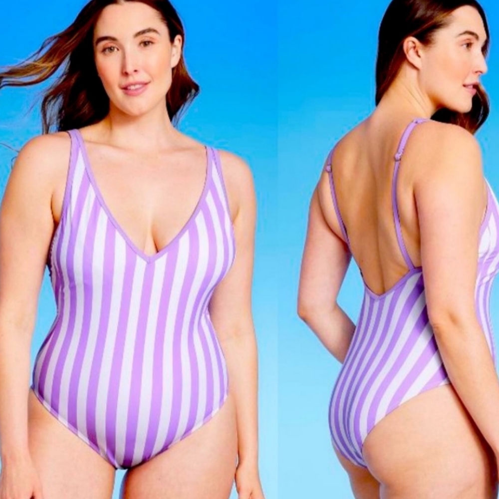 Kona Sol Lavender and White Vertical Striped One Piece Swimsuit Plus (size. 14W)